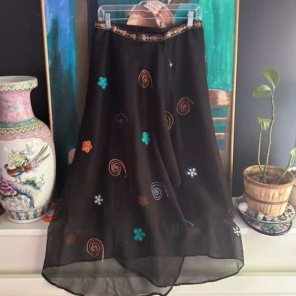Goddess Wear Boho Hippie Black A-Line Skirt with Multicolor Embroidery One Size - Picture 1 of 16